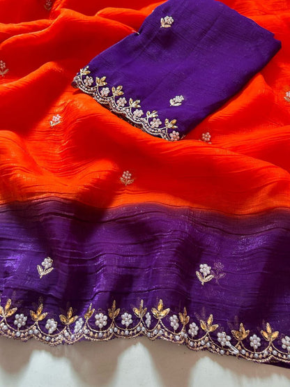 New Fancy Chiffon Crush Silk Embroidery Worked Saree With Cut Worked