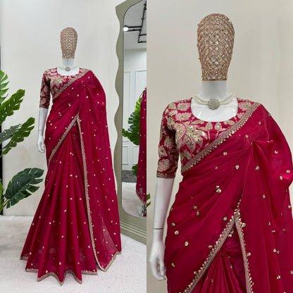 Elegance Pink Cherry Jimmy Chu Silk Sequence Work Saree With Heavy Fancy Blouse