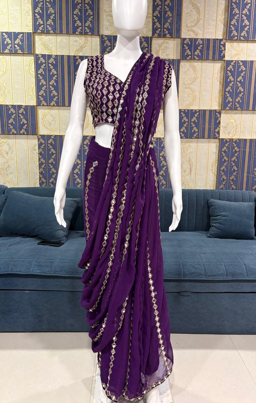 Grand Wedding Wear Embroidary & Mirror Work Faux Georgette Saree