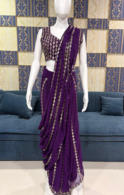 Grand Wedding Wear Embroidary & Mirror Work Faux Georgette Saree
