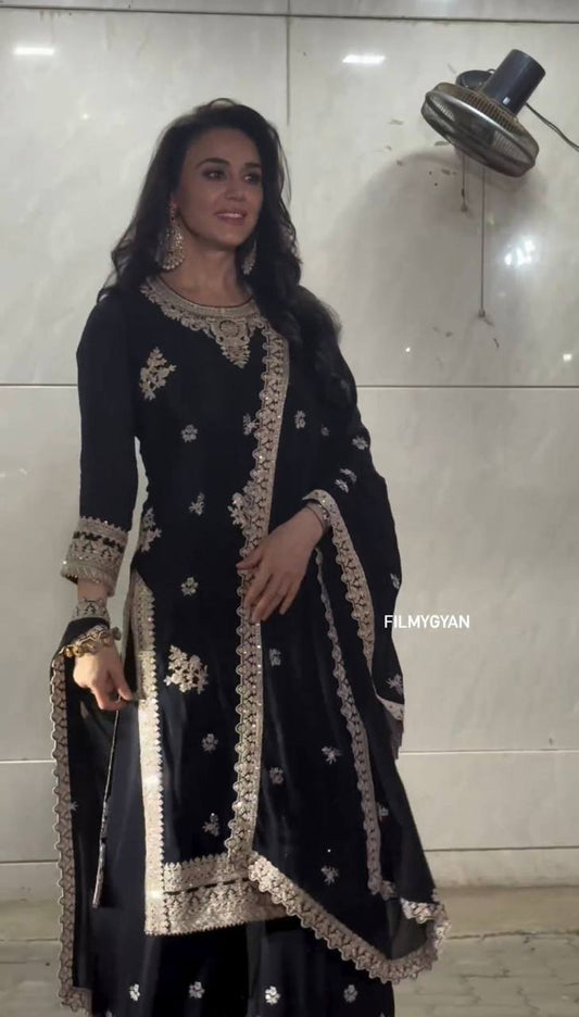 Black Georgette Embroider Worked Stiched Plazo Suit With Designer Duppata