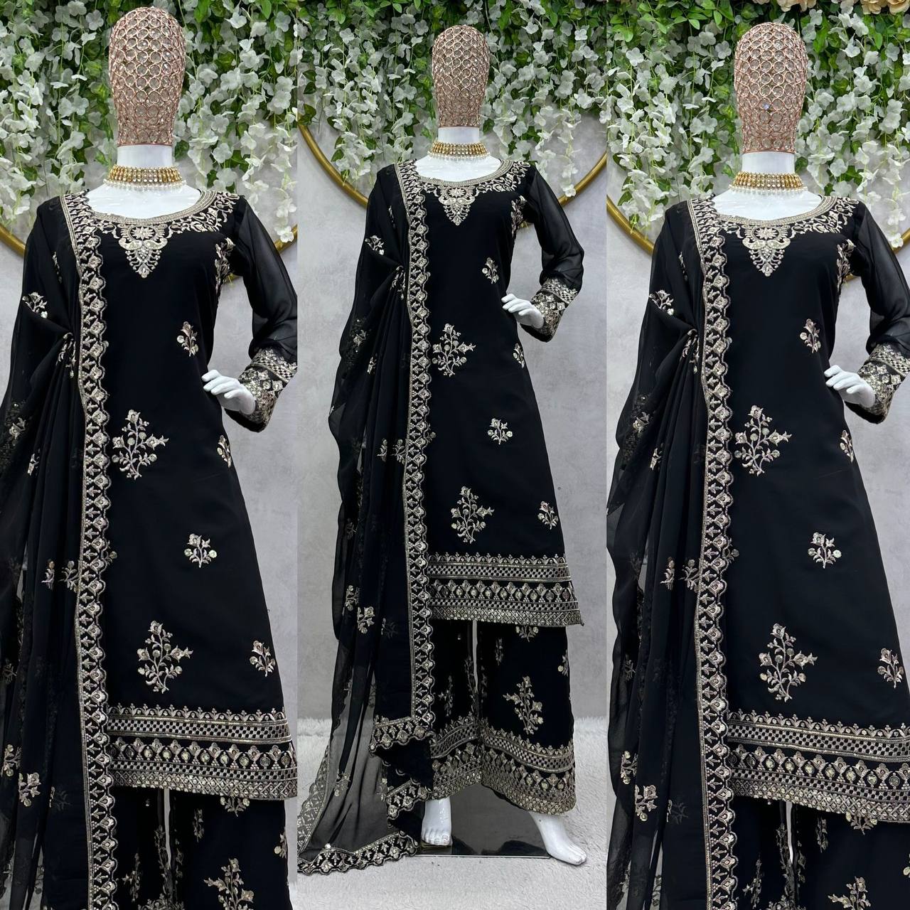 Black Georgette Embroider Worked Stiched Plazo Suit With Designer Duppata