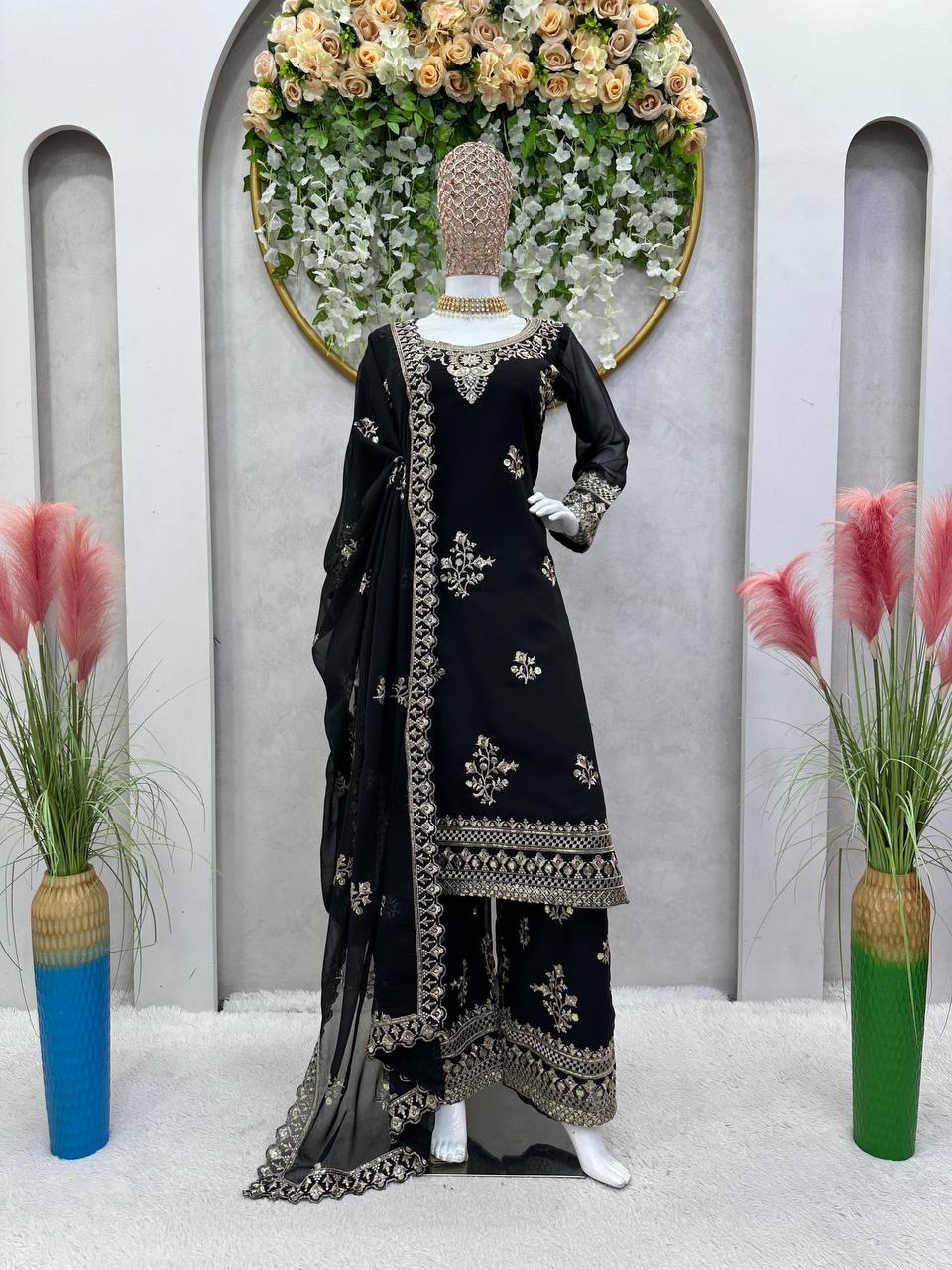 Black Georgette Embroider Worked Stiched Plazo Suit With Designer Duppata