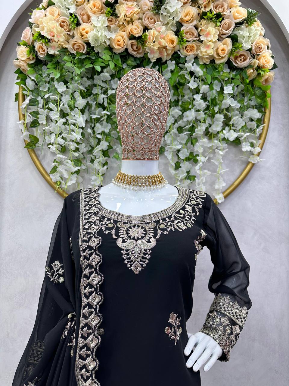Black Georgette Embroider Worked Stiched Plazo Suit With Designer Duppata