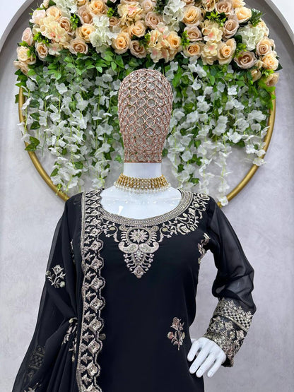 Black Georgette Embroider Worked Stiched Plazo Suit With Designer Duppata