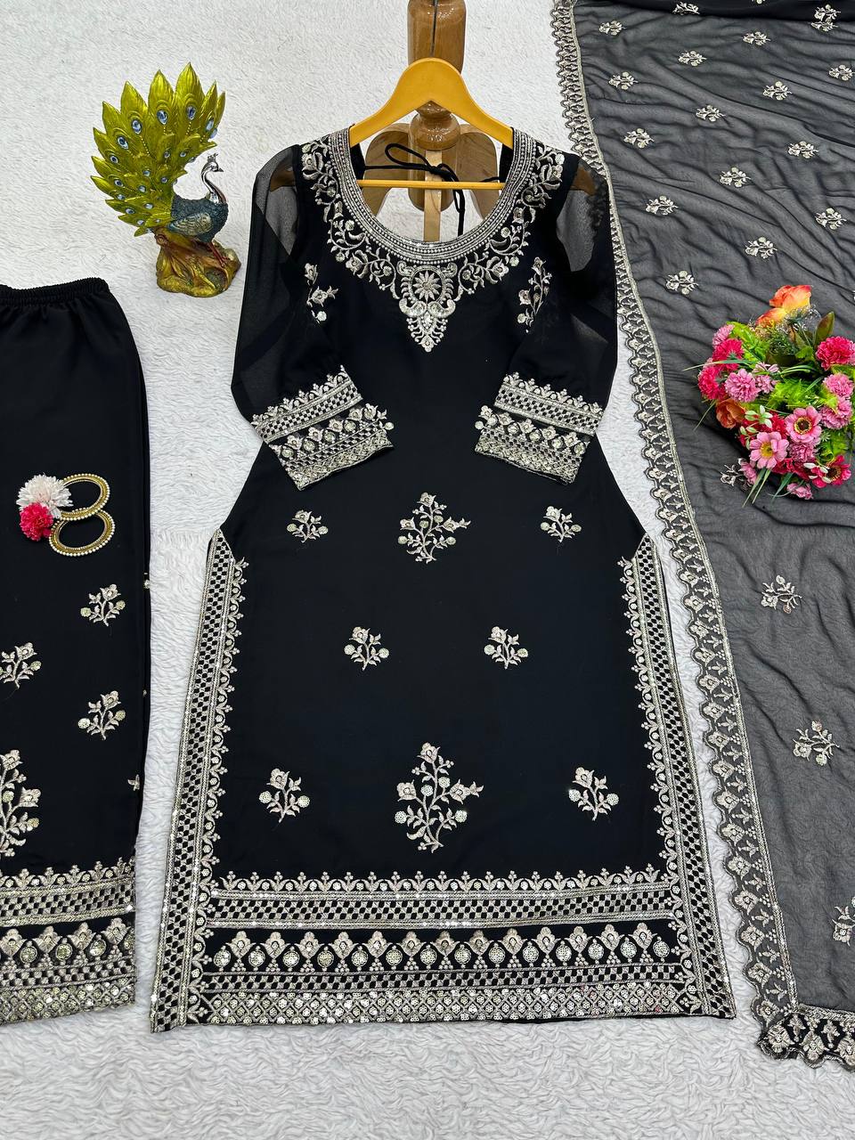 Black Georgette Embroider Worked Stiched Plazo Suit With Designer Duppata