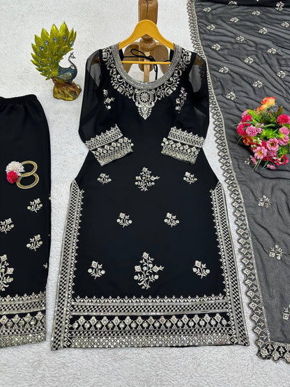 Black Georgette Embroider Worked Stiched Plazo Suit With Designer Duppata