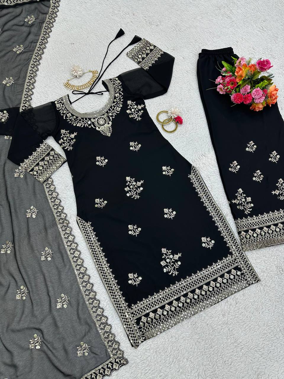 Black Georgette Embroider Worked Stiched Plazo Suit With Designer Duppata