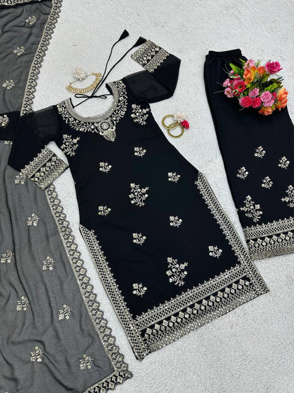 Black Georgette Embroider Worked Stiched Plazo Suit With Designer Duppata