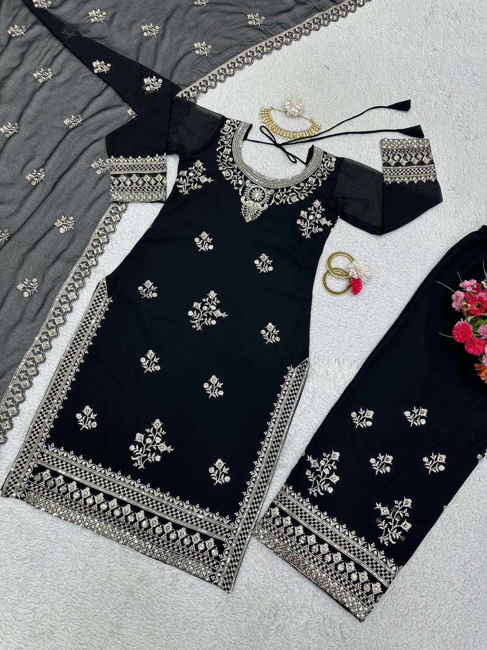 Black Georgette Embroider Worked Stiched Plazo Suit With Designer Duppata