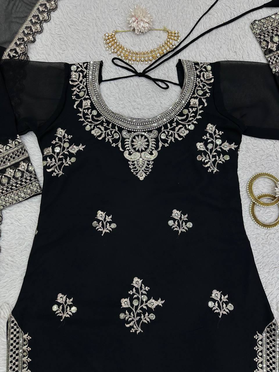 Black Georgette Embroider Worked Stiched Plazo Suit With Designer Duppata