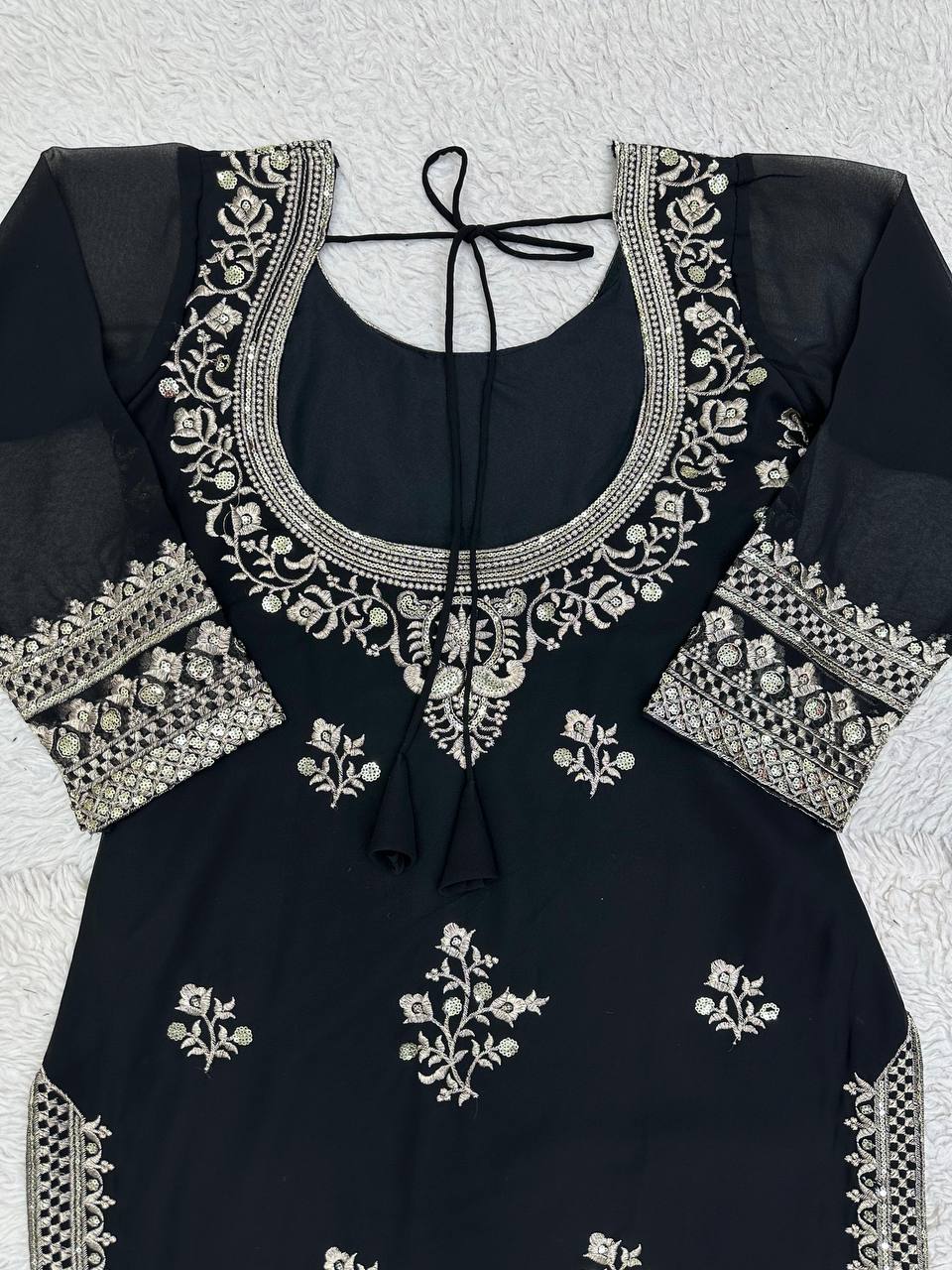 Black Georgette Embroider Worked Stiched Plazo Suit With Designer Duppata