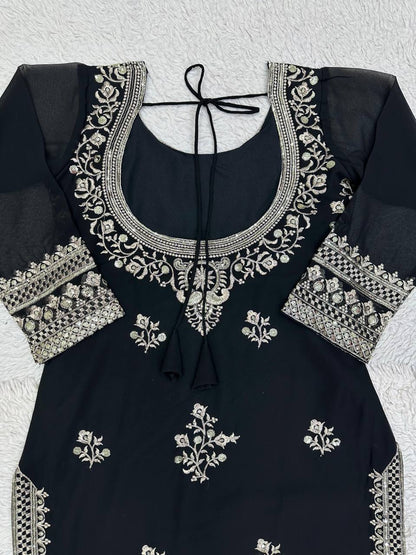 Black Georgette Embroider Worked Stiched Plazo Suit With Designer Duppata
