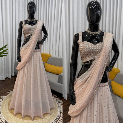 Cream Colour Thead Work Georgette Wedding Wear Lehenga Saree