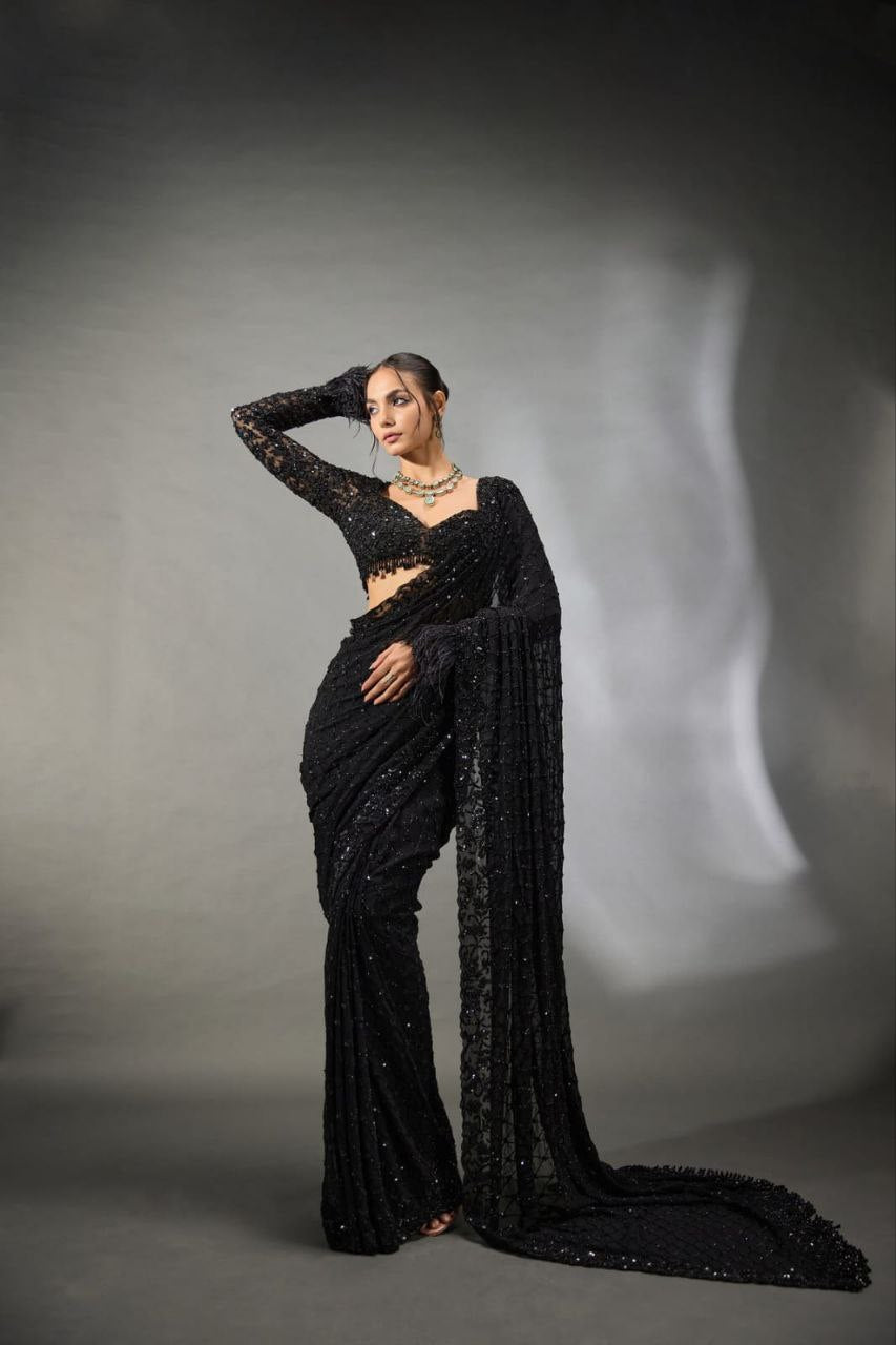 Party Wear Black Georgette Sequence Worked Saree With Designer Blouse