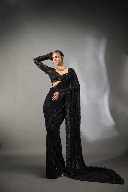 Party Wear Black Georgette Sequence Worked Saree With Designer Blouse