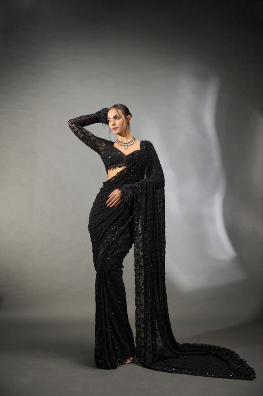 Party Wear Black Georgette Sequence Worked Saree With Designer Blouse