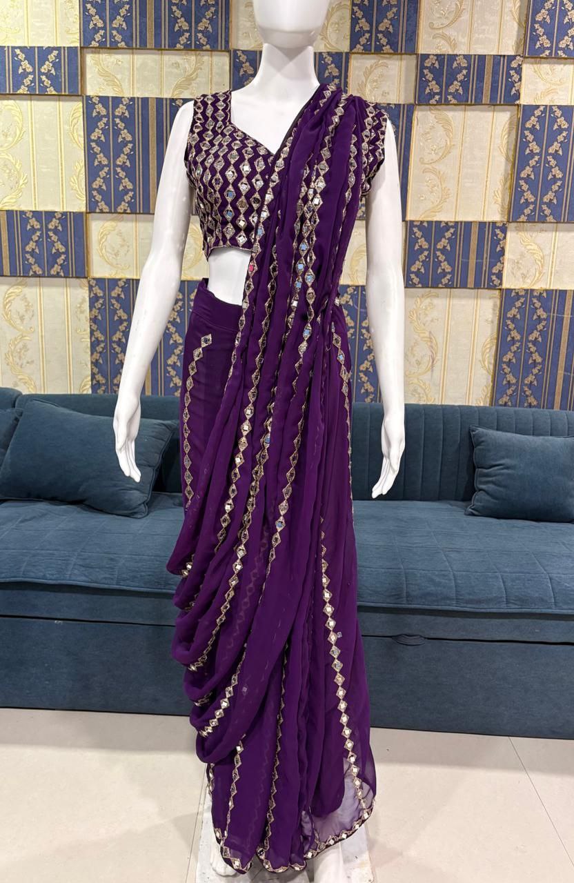 Grand Wedding Wear Embroidary & Mirror Work Faux Georgette Saree