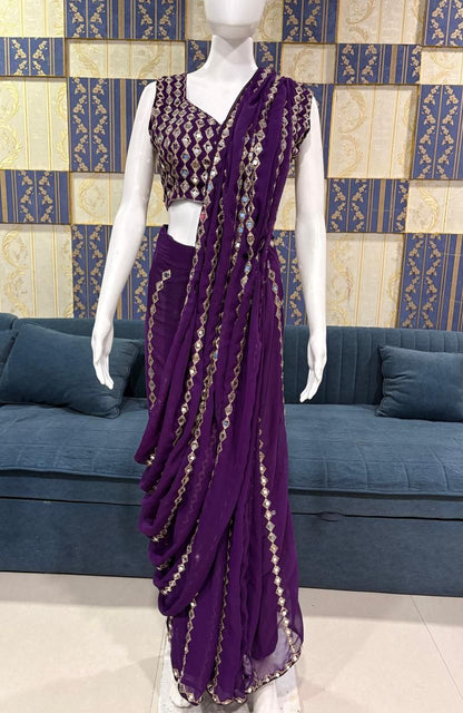 Grand Wedding Wear Embroidary & Mirror Work Faux Georgette Saree