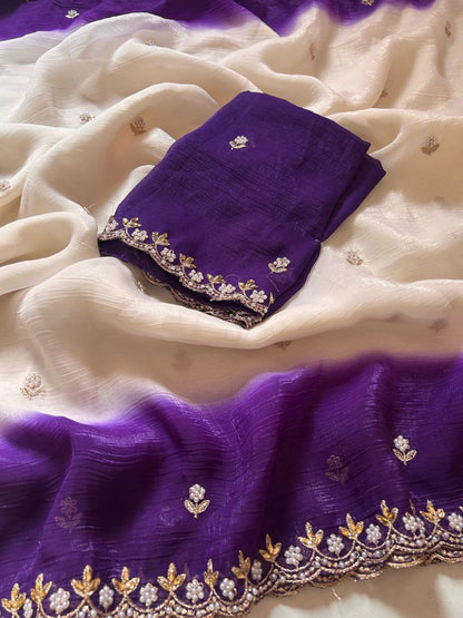 New Fancy Chiffon Crush Silk Embroidery Worked Saree With Cut Worked