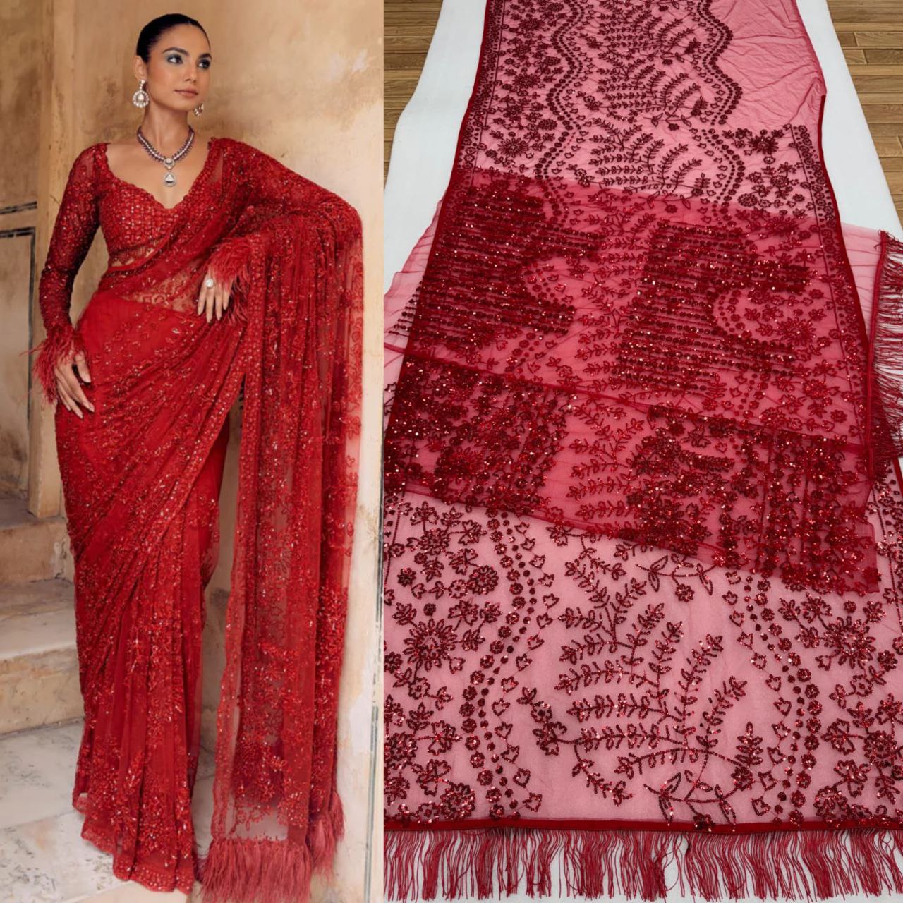 Bollywood-Inspired Premium Butterfly Net Saree with Heavy Sequins Embroidery Designer Blouse