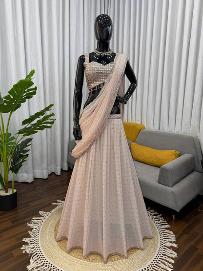 Cream Colour Thead Work Georgette Wedding Wear Lehenga Saree