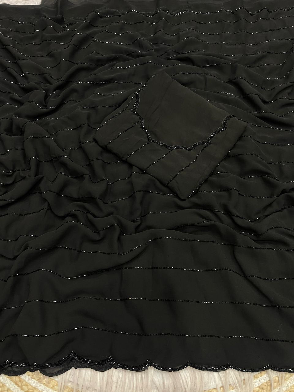 Glamorous Black Pearl Handwork Georgette Wedding Wear Saree