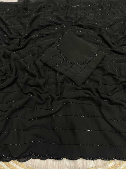 Glamorous Black Pearl Handwork Georgette Wedding Wear Saree