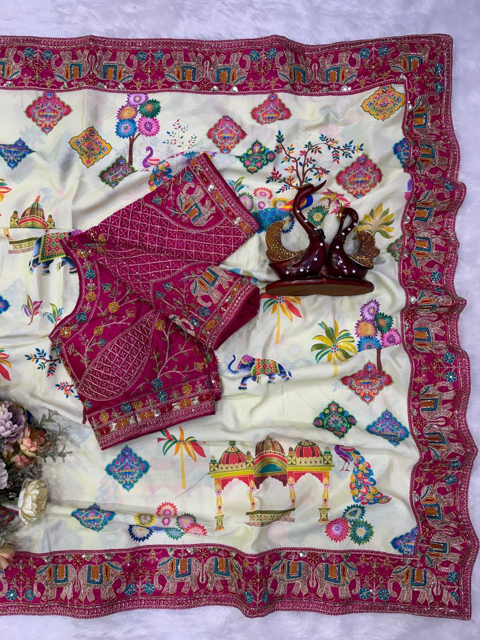 Elegant Printed Chinnon Silk Saree with Sequin Embroidery Work Stich Blouse