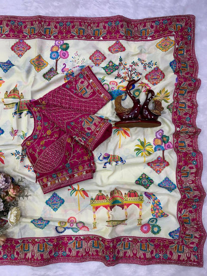 Elegant Printed Chinnon Silk Saree with Sequin Embroidery Work Stich Blouse
