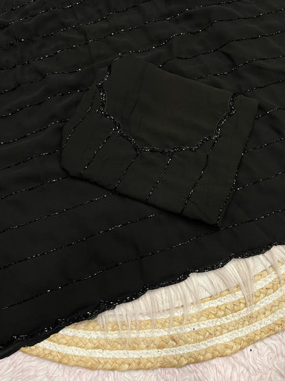 Glamorous Black Pearl Handwork Georgette Wedding Wear Saree