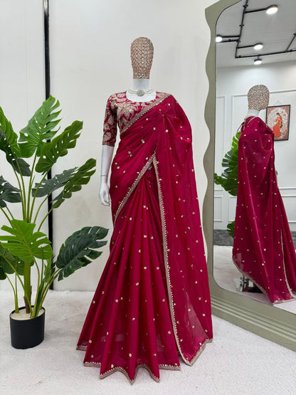 Elegance Pink Cherry Jimmy Chu Silk Sequence Work Saree With Heavy Fancy Blouse