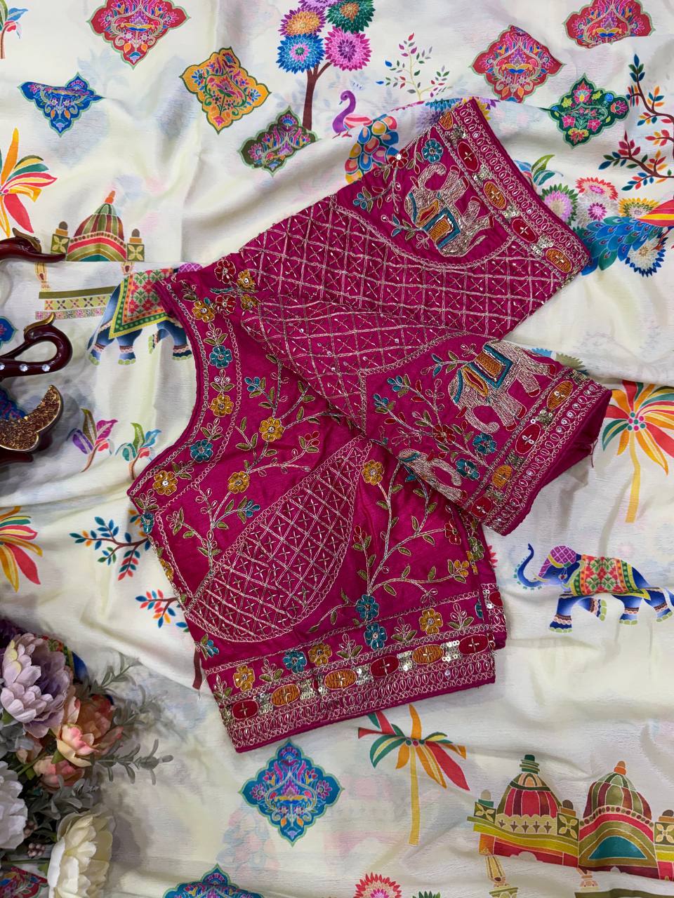 Elegant Printed Chinnon Silk Saree with Sequin Embroidery Work Stich Blouse