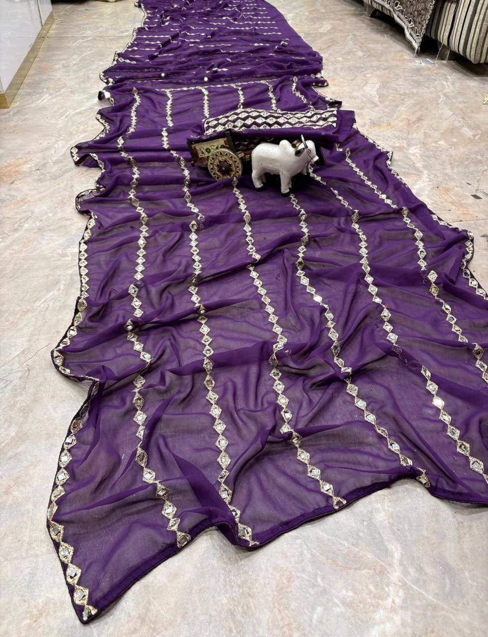 Grand Wedding Wear Embroidary & Mirror Work Faux Georgette Saree