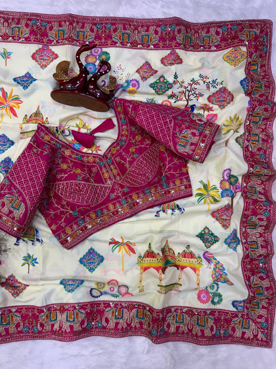 Elegant Printed Chinnon Silk Saree with Sequin Embroidery Work Stich Blouse