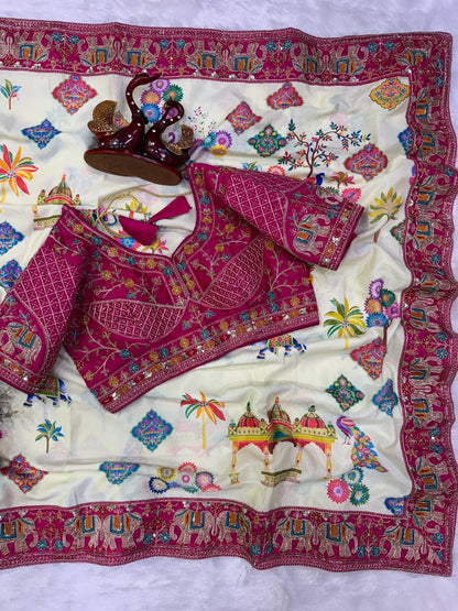 Elegant Printed Chinnon Silk Saree with Sequin Embroidery Work Stich Blouse