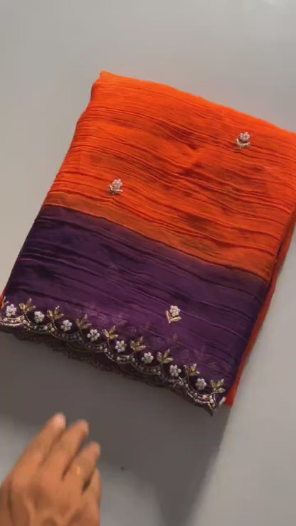 New Fancy Chiffon Crush Silk Embroidery Worked Saree With Cut Worked