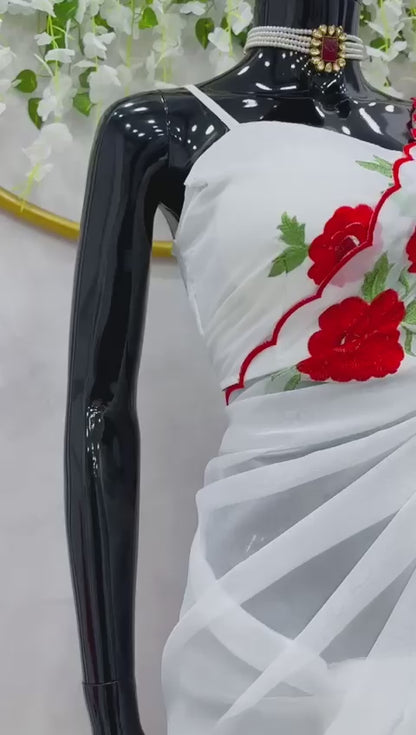 Soft Silk Embroidery Flower Design Ready To Wear Saree