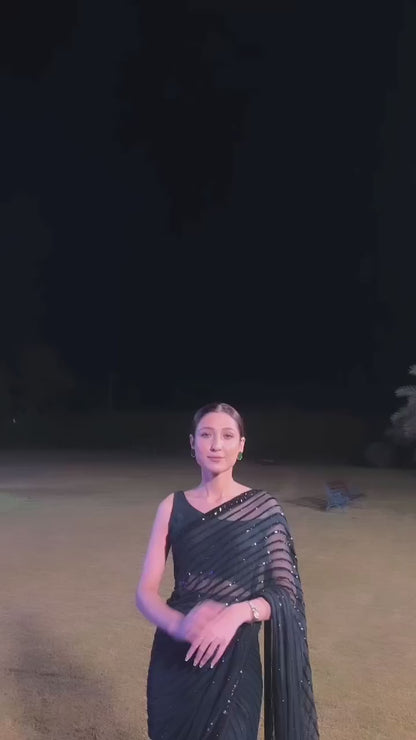 Looking New Black Designer Fancy Sequence Worked Saree With Silk Blouse
