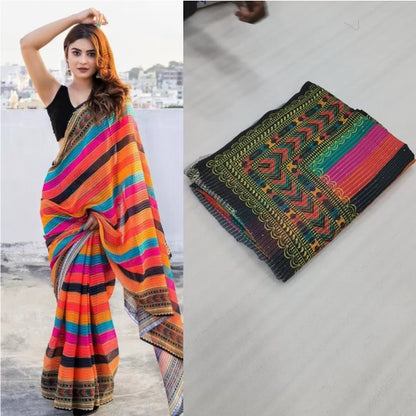 Multi Colour Embroidery And Sequence Worked Vichitra Silk Saree