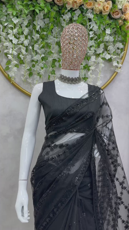 Attractive Soft Black Net Sequence Worked Saree With Designer Blouse