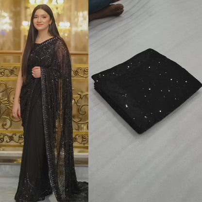 Attractive Black Colour Sequence Worked Party Wear Saree