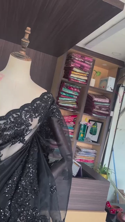 Black Organza Silk Sequence Worked Saree With Designer Blouse