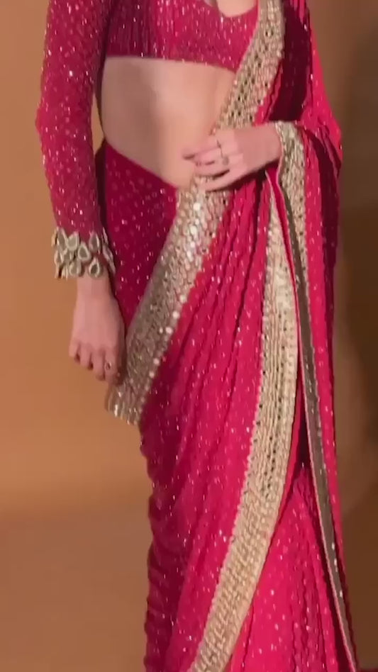 Red Colour Heavy Embroidery Worked Beautiful Saree