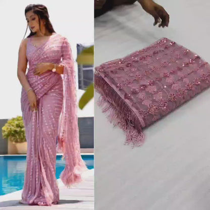 Onion Colour Embroidery Sequence Worked Fency Saree