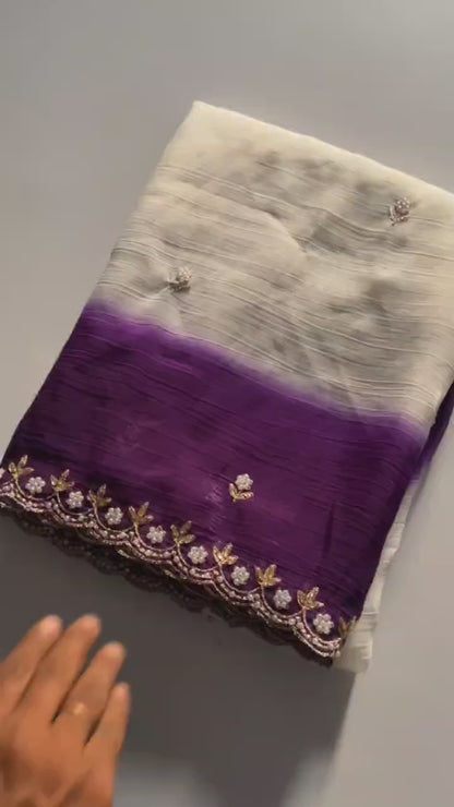 New Fancy Chiffon Crush Silk Embroidery Worked Saree With Cut Worked