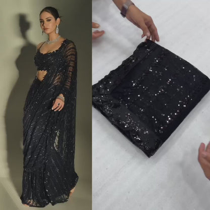 Party Wear Black Net Sequence Worked Saree With Designer Blouse