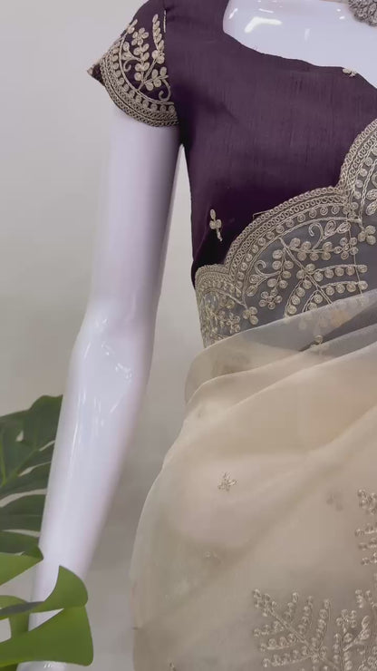 Cream Colour Organza Silk Embroidery Work Fastival Wear Saree With Designer Blouse