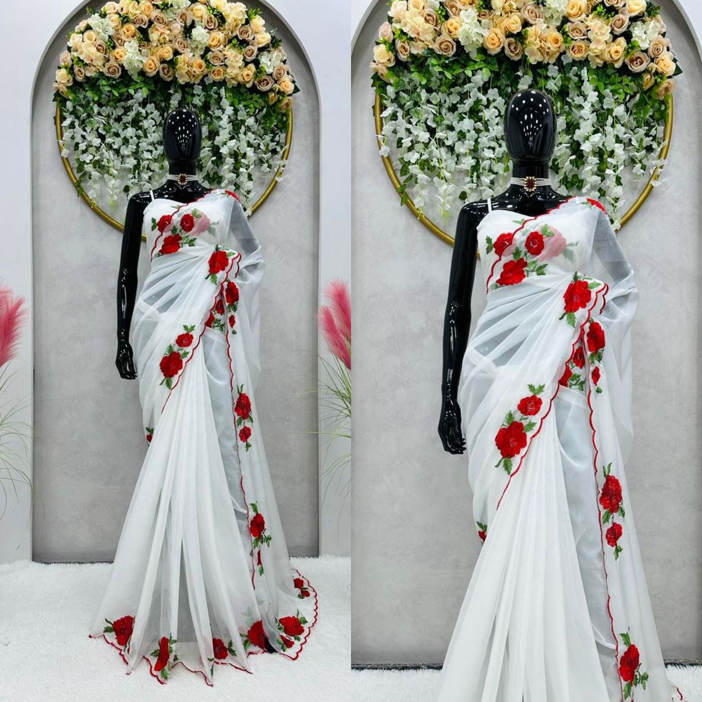 Soft Silk Embroidery Flower Design Ready To Wear Saree