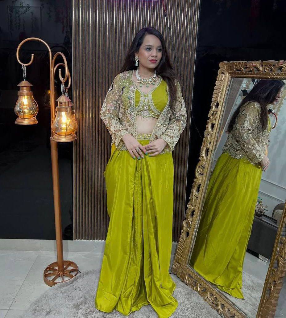 Chinon Silk Apple Green Indo Western With Designer Codding Embroidery Work Koti